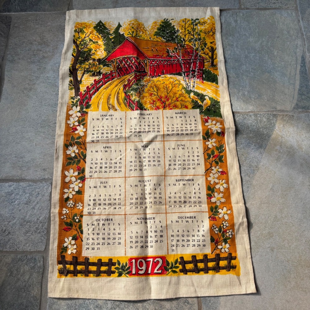 Vintage 1972 Calendar Tea Towel Red Covered Bridge Cottagecore‎ Grandma Fall